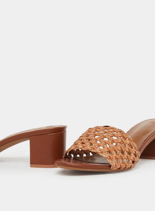 Styli Brown Woven Strap Low Heel Sandals